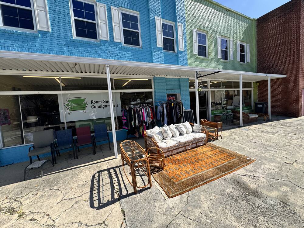 Room Swap Consignments storefront on Old State Road in Holly Hill, SC, with furniture displayed on the sidewalk